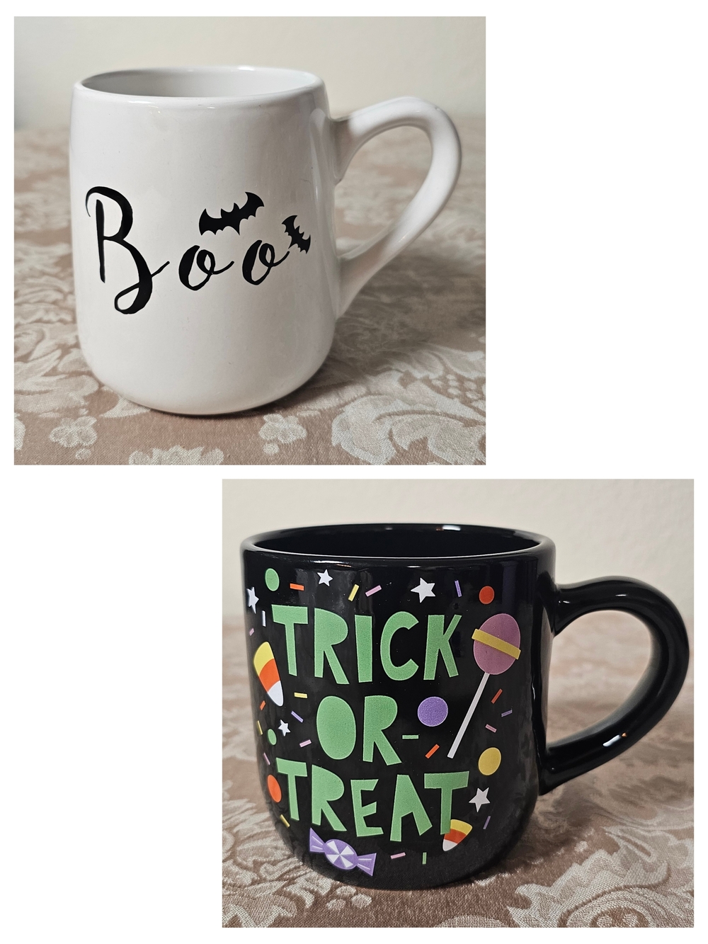 Halloween Ceramic Mug Set - White "Boo" + Black "Trick or Treat"
